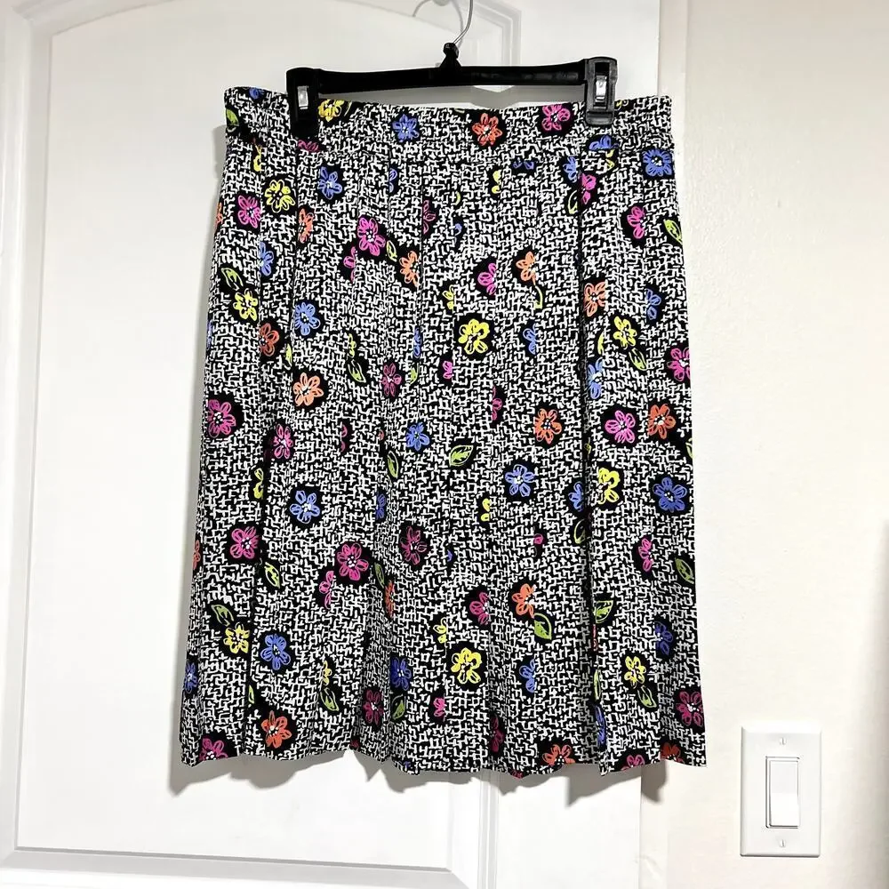 Vintage Pleated Skirt Abstract Floral Black White Print Knee Length sz 14 Large